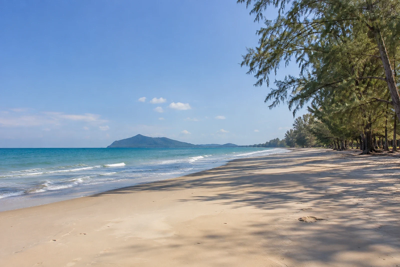 Wide quiet sandy beach in Cha-Am with casuarina trees