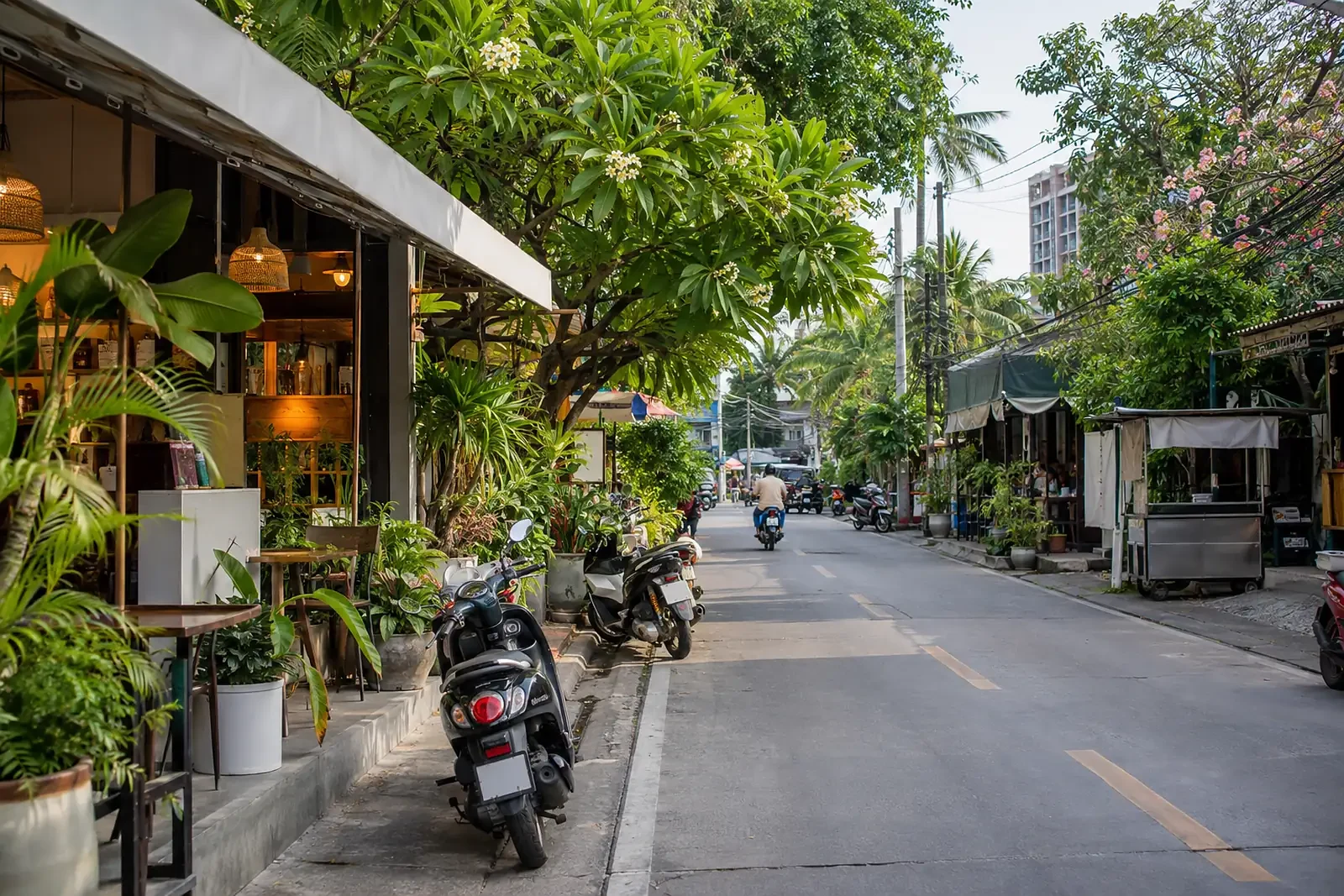ย่านที่คึกคักใกล้ Soi 94 เต็มไปด้วยร้านกาแฟ ร้านค้า และพื้นที่สีเขียว