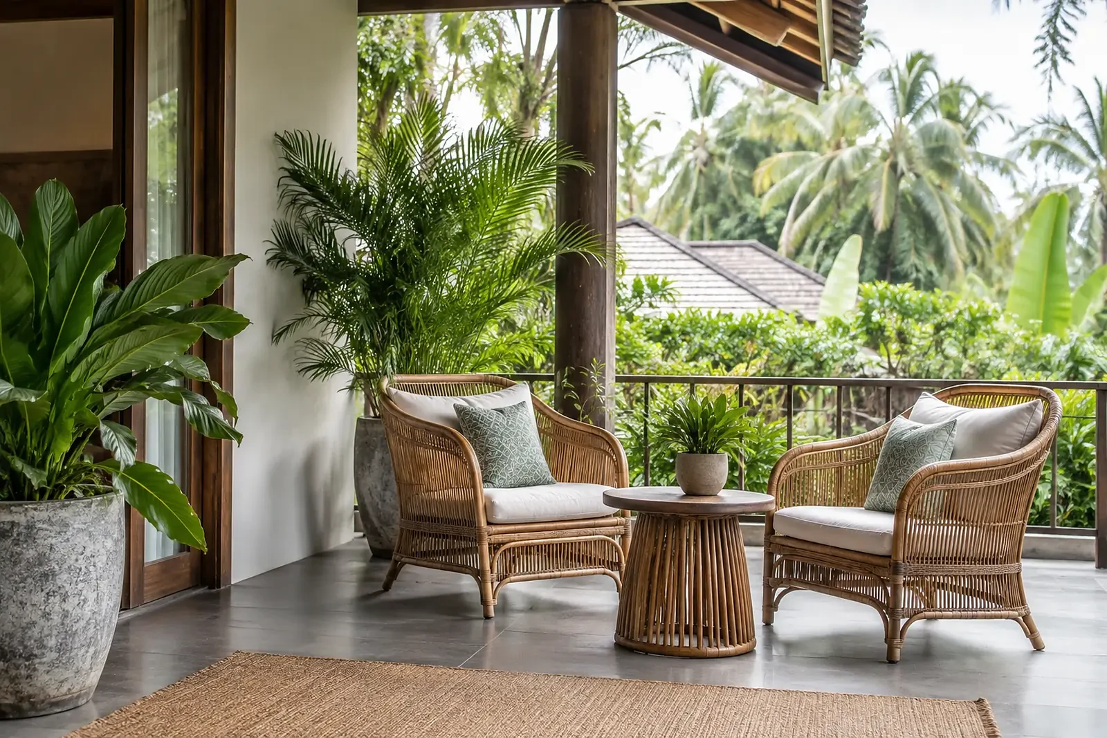 Calm tropical veranda with two chairs, a table and potted plants