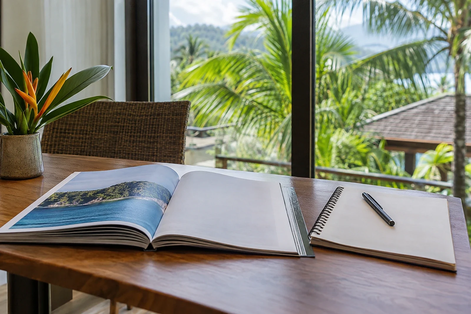 Printed property management guides on a table beside a tropical window