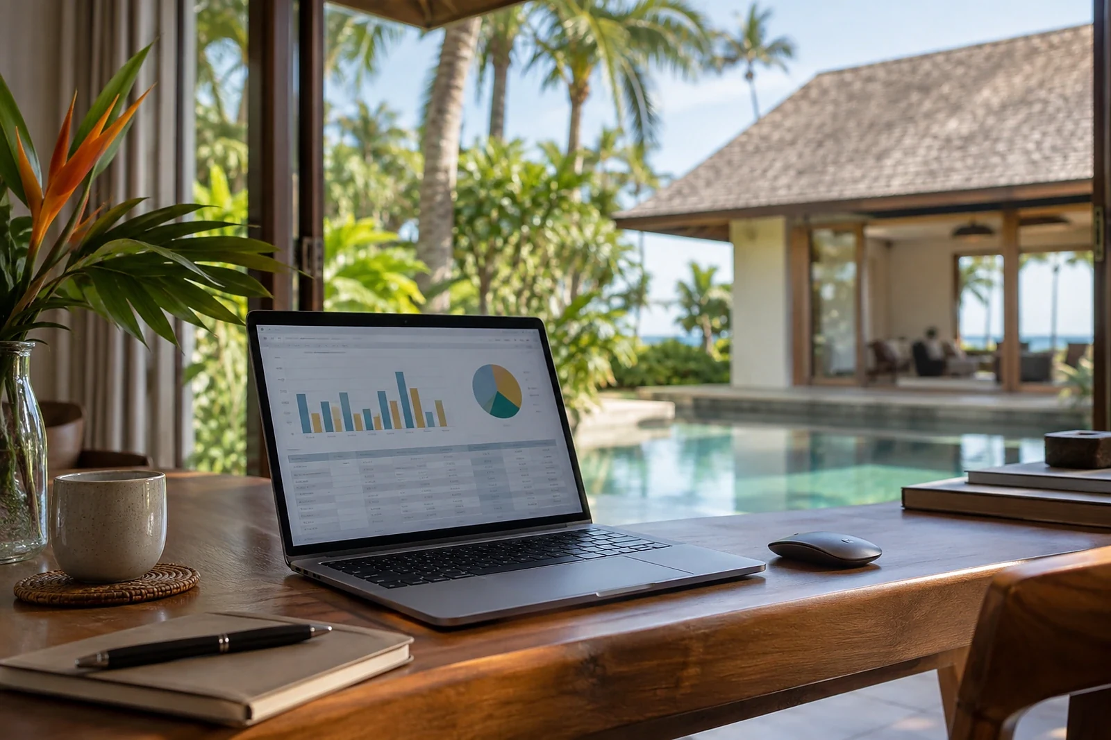 Laptop showing rental yield charts with a tropical villa in the window