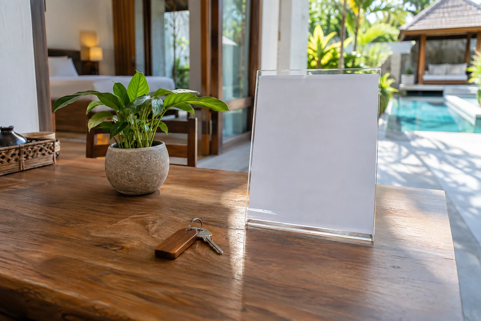 Price list on a wooden table next to a villa key and a tropical plant