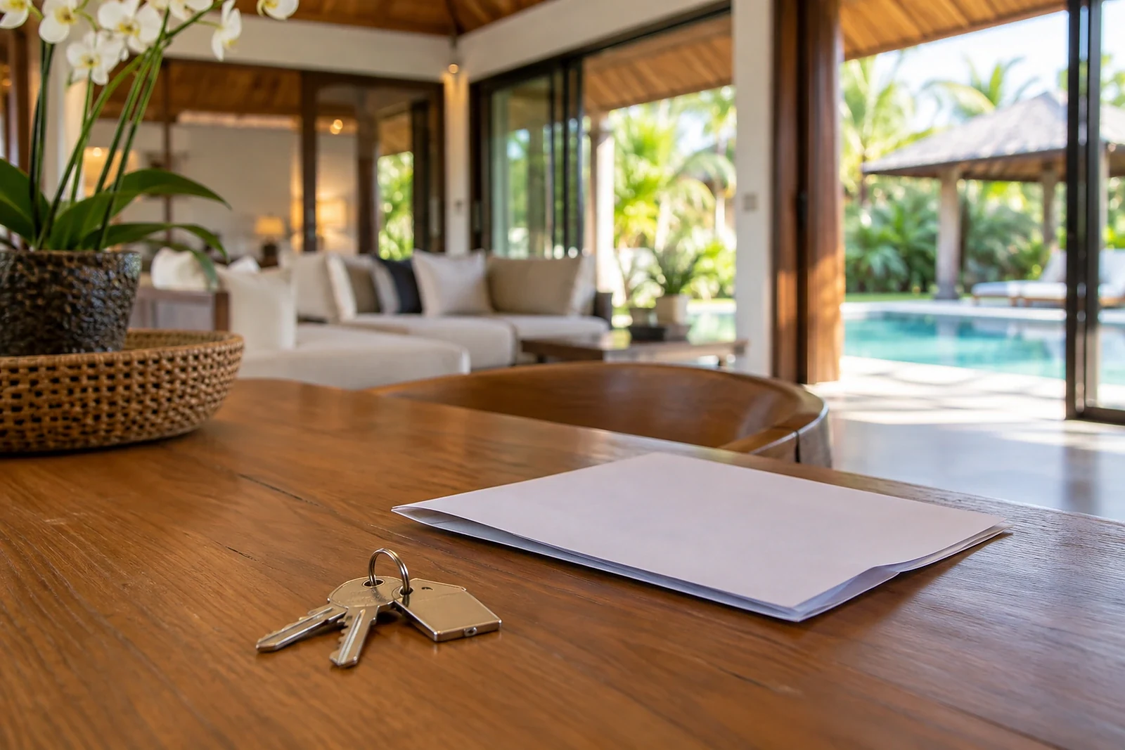 House keys and a tenancy agreement on a table in a tropical villa
