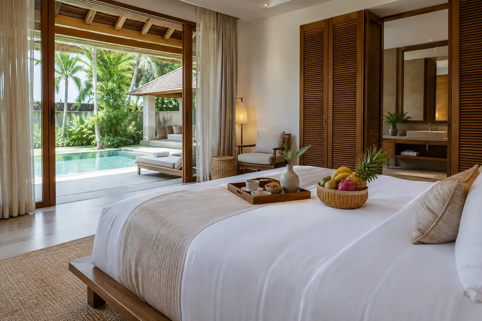 Thai villa prepared for guests with fresh linens and a fruit bowl