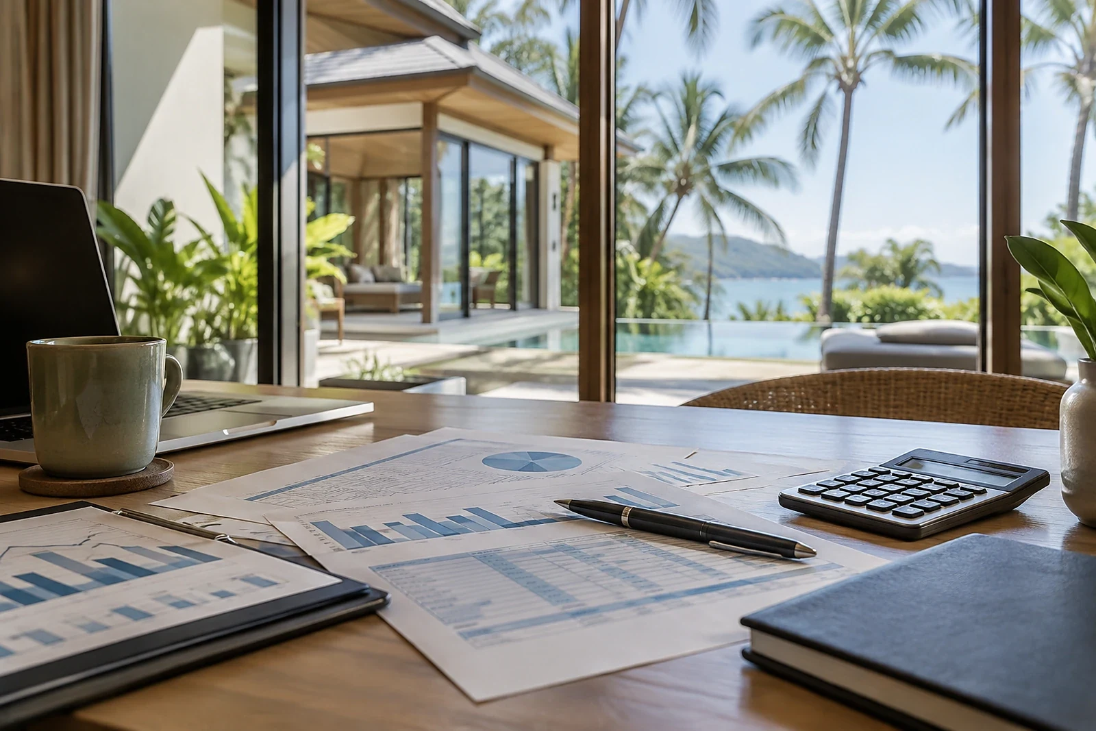 Investment documents and a calculator with a tropical villa outside the window